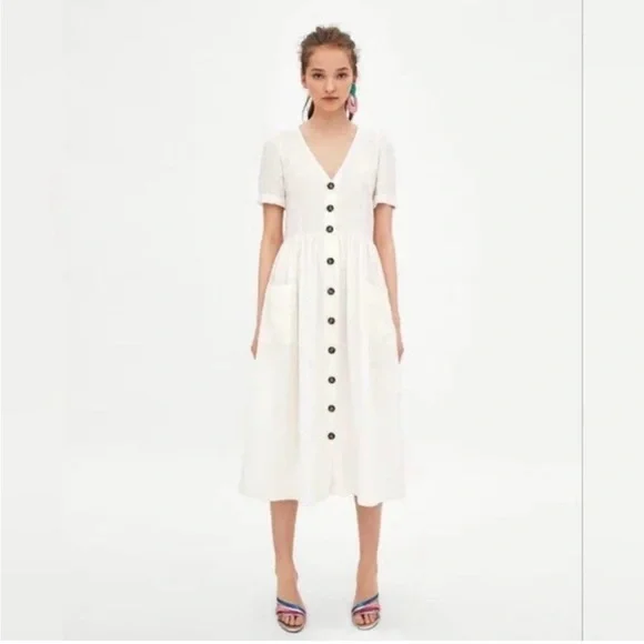 ZARA White Linen Button Down Dress with Pockets // XS - Picture 3 of 9